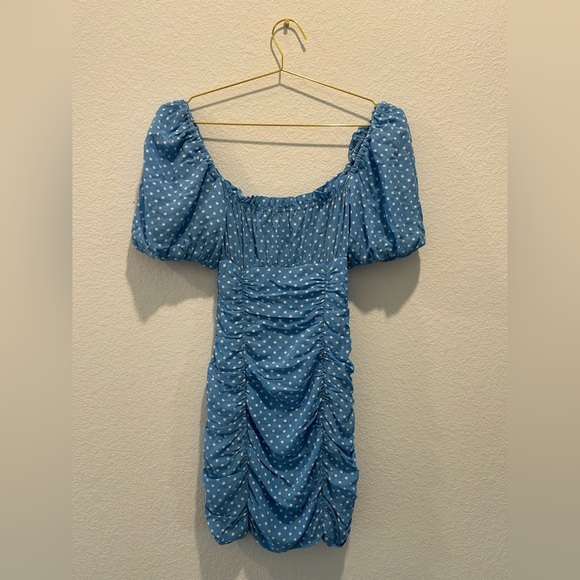 ZARA Blue White Polka Dot ruched bodycon ruffle bubble sleeve mini Dress - Picture 5 of 5